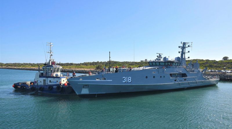 The fifth evolved Cape-class patrol boat, the future ADV Cape Woolamai, after being launched at Henderson, WA. Story by Phillip Morton. Photo Courtesy of Austal.