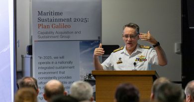 Head Maritime Sustainment Rear Admiral Steven Tiffen briefs the Cairns-based sustainment workforce during the Plan Galileo roadshow held at HMAS Cairns, Queensland. Story by Annabelle Chalker. Photo by Leading Seaman Shane Cameron.