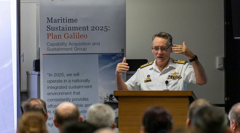 Head Maritime Sustainment Rear Admiral Steven Tiffen briefs the Cairns-based sustainment workforce during the Plan Galileo roadshow held at HMAS Cairns, Queensland. Story by Annabelle Chalker. Photo by Leading Seaman Shane Cameron.