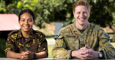 Australian Army officer Major Lachlan McAuliffe, with Papua New Guinea Defence Force officer Second Lieutenant Alvirah Bunemiga. Story by Captain Joanne Leca. Photo by Corporal Brandon Grey.