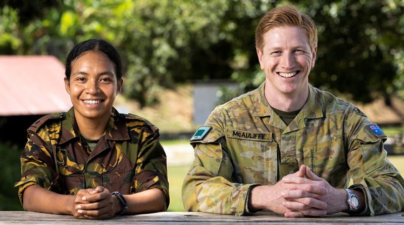 Australian Army officer Major Lachlan McAuliffe, with Papua New Guinea Defence Force officer Second Lieutenant Alvirah Bunemiga. Story by Captain Joanne Leca. Photo by Corporal Brandon Grey.