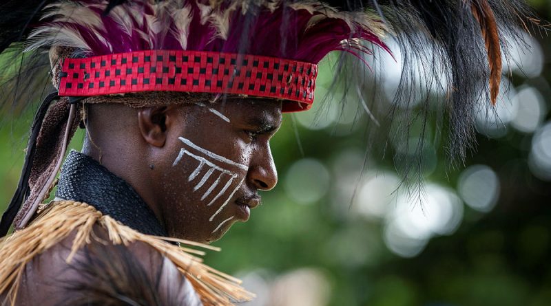 An Australian Army soldier from Sarpeye Company, 51FNQR in traditional Torres Strait Islander clothing for the 80th anniversary ceremony. Story by Captain Jon Stewart. All photos by Leading Seaman Leo Baumgartner.