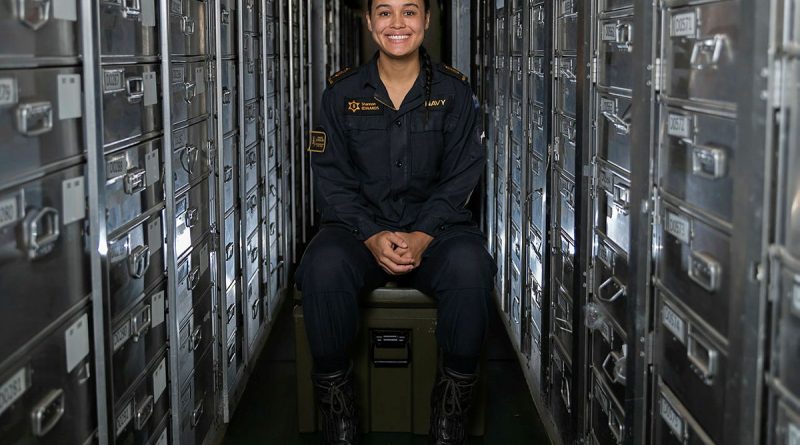 Royal New Zealand Navy sailor Able Logistics Supply Specialist Shannon Edwards on board HMAS Choules during first of class flight trials with the MH-60R Seahawk helicopter. Story and photo by Able Seaman Rikki-Lea Phillips.