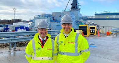 The new Australian Naval Adviser to London Captain Adrian Capner, right, with the previous adviser Captain Paul Mandziy at BAE Systems global combat ship facility in Glasgow, Scotland. Story by Lieutenant Commander J A Thompson.