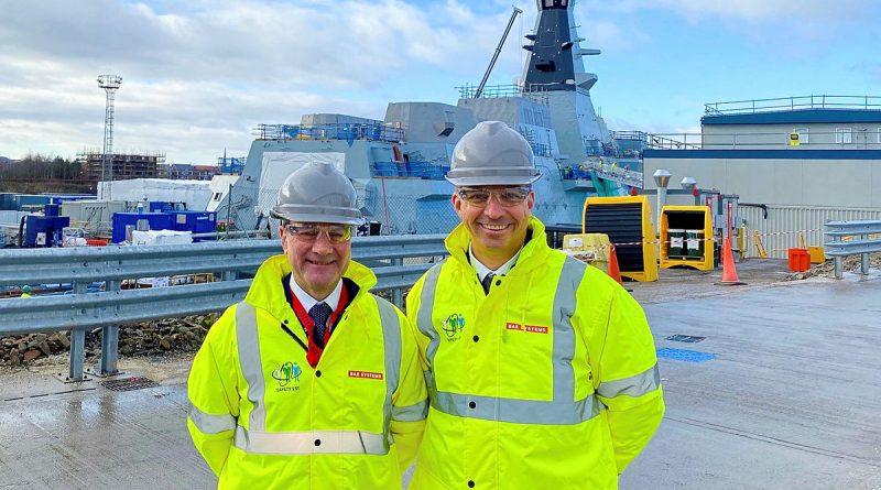 The new Australian Naval Adviser to London Captain Adrian Capner, right, with the previous adviser Captain Paul Mandziy at BAE Systems global combat ship facility in Glasgow, Scotland. Story by Lieutenant Commander J A Thompson.