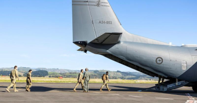 New Zealand Army personnel embark a RAAF C-27J Spartan to assist a remote community affected by Tropical Cyclone Gabrielle. Story by Flight Lieutenant Vernon . Photo by Leading Seaman Nadav Harel.