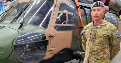 Corporal Paul Quilliam next to an old S70 Black Hawk at the Rotary-Wing Aircraft Maintenance School in Oakey. Story by Warrant Officer Class 2 Max Bree.