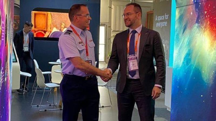 Director General of DASA Air Commodore Joe Medved, left, and General Manager of the Office of the Space Regulator at the Australian Space Agency, Christopher De Luis. Photo: Thomas Lewis, Australian Space Agency. Story by Squadron Leader Barrie Bardoe.