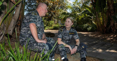 Chief Petty Officer Matthew Thompson with his daughter Able Seaman Gemma Thompson at HMAS Albatross. Photo by Petty Officer Justin Brown.