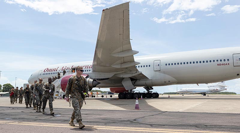 Members of the United States Marine Corps arrive at RAAF Base Darwin as part of the 12th iteration of the Marine Rotational Force – Darwin. Photo by Leading Seaman Jarrod Mulvihill.