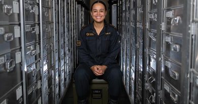 Royal New Zealand Navy sailor Able Logistics Supply Specialist Shannon Edwards on board HMAS Choules. Photo by Able Seaman Rikki-Lea Phillips.