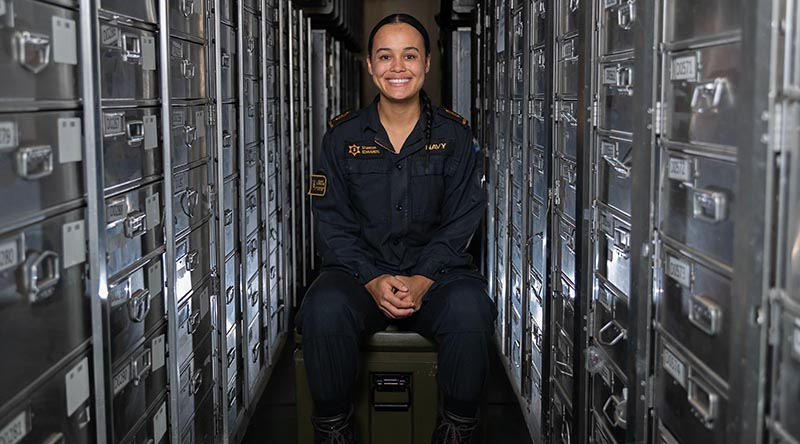 Royal New Zealand Navy sailor Able Logistics Supply Specialist Shannon Edwards on board HMAS Choules. Photo by Able Seaman Rikki-Lea Phillips.