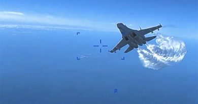A Russian Air Force Su-27 attempts to dump fuel on a USAF MQ-9 Reaper drone, ultimately causing the drone to crash into the Black Sea.