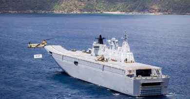 An Australian Army CH-47 Chinook takes off from HMAS Canberra near the coast of Futuna Island to conduct a vertical replenishment during Operation Vanuatu Assist 2023. Photo by Leading Seaman Matthew Lyall.