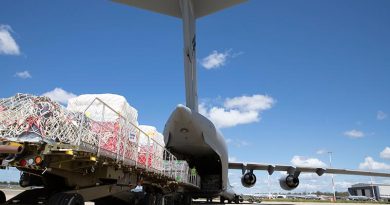 Humanitarian aid supplies are loaded onto a C-17A Globemaster heading to Vanuatu as part of the Australian government’s response to Tropical Cyclones Judy and Kevin. Photo by Leading Aircraftwoman Taylor Anderson.
