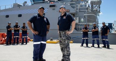 Technical Adviser to the Kiribati Police Service Maritime Unit Chief Petty Officer Lyndon Quirke, right, and Commanding Officer RKS Teanoai II Superintendent Tom Redfern at Tarawa, Kiribati. Story by Lieutenant Carolyn Martin. Photo by Petty Officer Bradley Darvill.