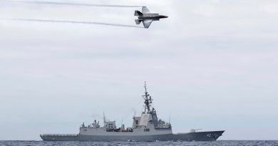 A Royal Australian Air Force F-35A Lightning II aircraft conducts a flypast over HMAS Sydney during Exercise Tasman Shield. Photo by Able Seaman Joshua Bishenden.