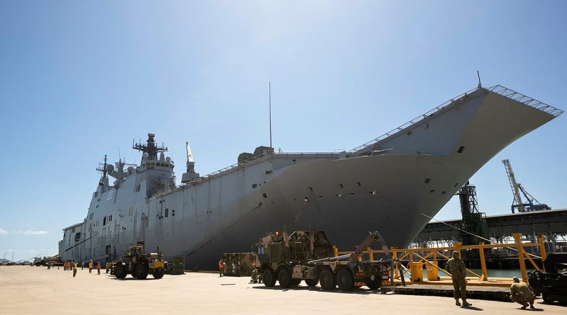 HMAS Canberra berthed at the Port of Townsville, Queensland, after returning from Operation Vanuatu Assist 23. Story by Captain Joanne Leca. Photo by Lance Corporal Riley Blennerhassett.