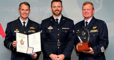 Warrant Officer of the Air Force Ralph Clifton (right) along with the Chief of Air Force, Air Marshal Robert Chipman (left) presents the Enlisted Aviator of the Year Award to Corporal Jack Simpson at a reception commemorating the 102nd anniversary of the formation of the Royal Australian Air Force at the Australian War College, Weston, ACT. Story by Tastri Murdoch. Photo by Flight Sergeant Kev Berriman.