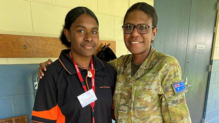 Student Sinevah Mari with her aunt, Private Elaine Gamia, while on the Defence Work Experience Program at Porton Barracks. Photo by Nel Archer.