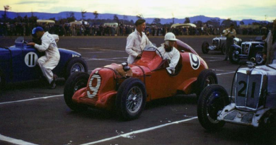 Alf Najar in his MG TB Monoposto number nine lines up for a start in the 1948 Australian Grand Prix. Story by Flight Lieutenant Marina Power. Photo by Stanton Najar, sourced from Speedway and Road Race History website.