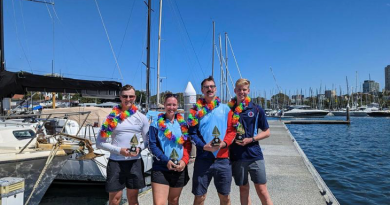 Members of the winning Interservice Keelboat Championships team, Craftsman Lachlan Vest, left, Sergeants Jessica Van Beek and Patrick Black, and Officer Cadet Daniel Sharp. Story by Corporal Luke Bellman.