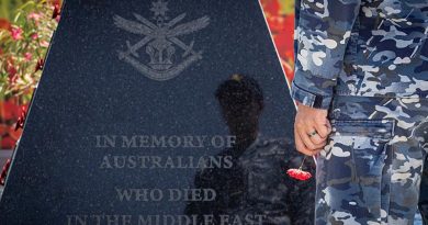 Royal Australian Air Force Flying Officer Aiden Pattison reflects on those who served in the Middle East before him on Operation Accordion in the lead to Anzac Day 2023 at Australia’s operating base in the Middle East Region. Photo by Corporal Melina Young.