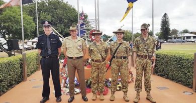 Eldest son firefighter Ronan Boyd, father then Corporal Andrew Boyd, mother Lieutenant Anthea Boyd, daughter Cadet Lance Corporal Layla Boyd and youngest son Cadet Under Officer [now Recruit] Jahan Boyd, on ANZAC Day last year. Photo by Heather Barnes.