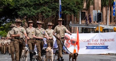 Australian Army sappers with their explosive detection dogs from the 2nd Combat Engineer Regiment, march during the Anzac Day 2023 parade in Brisbane City, Queensland. Photo by Corporal Nicole Dorrett.