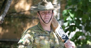 Sergeant Beau Wright, 7th Brigade Commander's XI Cricket Captain, prepares for the annual Anzac Day Shell Green match against the Brisbane Lord Mayors XI. Photo by Major Roger Brennan.