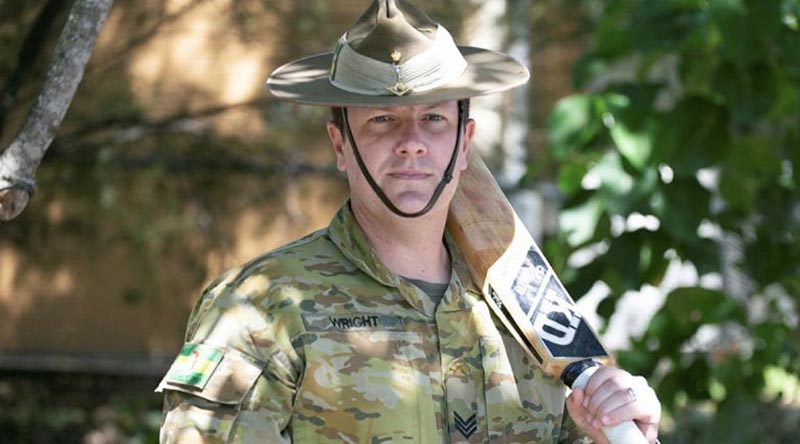 Sergeant Beau Wright, 7th Brigade Commander's XI Cricket Captain, prepares for the annual Anzac Day Shell Green match against the Brisbane Lord Mayors XI. Photo by Major Roger Brennan.