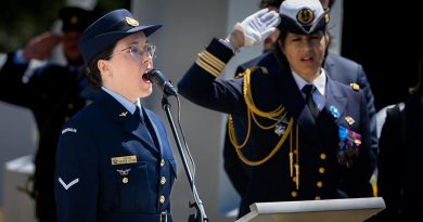 Royal Australian Air Force musician Leading Aircraftwoman Chloe Bruer-Jones sings the French national anthem during a commemoration service at the French Cemetery in Gallipoli. Photo by Corporal Madhur Chitnis.