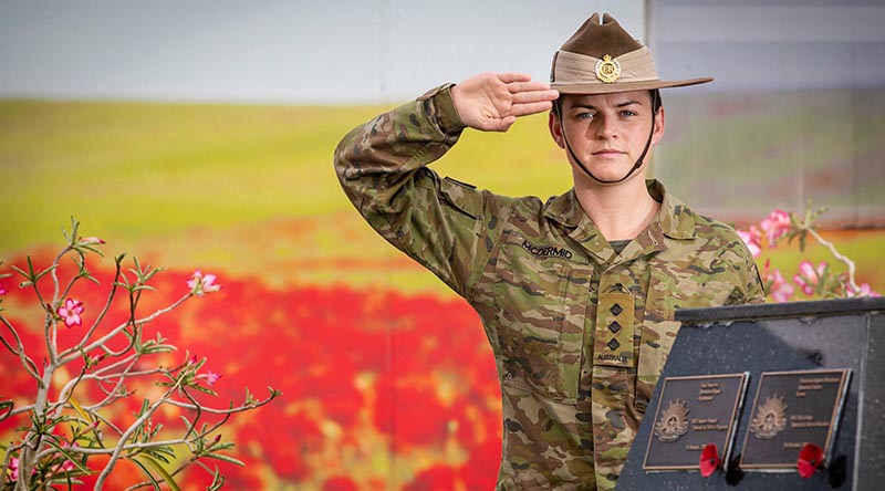 Australian Army Captain Caitlin McDermid on Operation Accordion for Anzac Day 2023 at Australia’s operating base in the Middle Eastern Region. Photo by Corporal Melina Young.