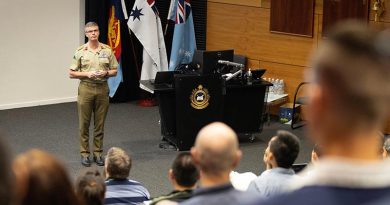 Director General International Engagement Strategy Brigadier Craig Shortt addresses the inaugural Defence Linguist Conference held at the Australian Defence College, Canberra. Photo by Sergeant Matthew Bickerton.