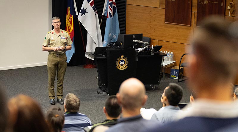 Director General International Engagement Strategy Brigadier Craig Shortt addresses the inaugural Defence Linguist Conference held at the Australian Defence College, Canberra. Photo by Sergeant Matthew Bickerton.