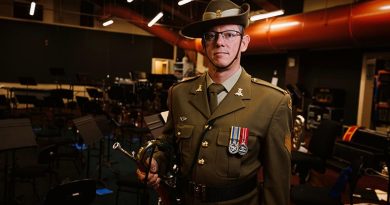 Trumpet and bugle player for the Australian Army Band Sergeant Danny Dielkens in the practice room of the Band of the Royal Military College - Duntroon in Canberra. Photo by Sergeant Oliver Carter.