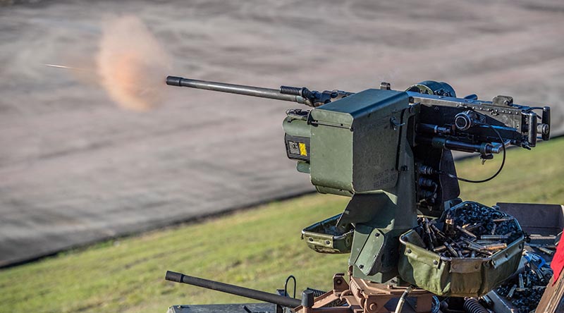 An Australian Army M2 12.7 HB CQB heavy machine gun mounted on a Mk2 Remote Weapon System on an Australian Army ASLAV. Photo by Trooper Jonathan Goedhart.