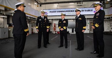 Commander US 7th Fleet Vice Admiral Karl Thomas, Japan Maritime Self-Defense Force Commander-in-Chief of Self-Defense Fleet Vice Admiral Saito Akira, Royal Australian Navy Commander Australian Fleet Rear Admiral Chris Smith and Commander Republic of Korea Fleet Vice Admiral Kim Myung-soo are greeted for a shipboard tour at the 2023 Fleet Commanders’ Roundtable Discussion hosted aboard ROKS Hansando in Busan, Republic of Korea. US Navy photo by Mass Communication Specialist 1st Class Reymundo A. Villegas III.