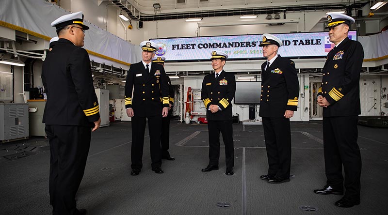 Commander US 7th Fleet Vice Admiral Karl Thomas, Japan Maritime Self-Defense Force Commander-in-Chief of Self-Defense Fleet Vice Admiral Saito Akira, Royal Australian Navy Commander Australian Fleet Rear Admiral Chris Smith and Commander Republic of Korea Fleet Vice Admiral Kim Myung-soo are greeted for a shipboard tour at the 2023 Fleet Commanders’ Roundtable Discussion hosted aboard ROKS Hansando in Busan, Republic of Korea. US Navy photo by Mass Communication Specialist 1st Class Reymundo A. Villegas III.