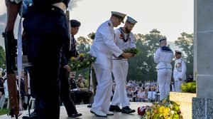 HMAS Anzac Commanding Officer Commander David McPherson and Leading Seaman Samuel Corcoran lay a wreath at Kranji War Memorial, Singapore. Photo by Leading Seaman Jarryd Capper.