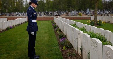 Leading Aircraftwoman Hunter Westbrook, from Australia’s Federation Guard, visits the resting place of her distant cousin, Private Victor Westbrook, in the Bailleul Communal Cemetery, Northern France. Photo by Sergeant Oliver Carter.