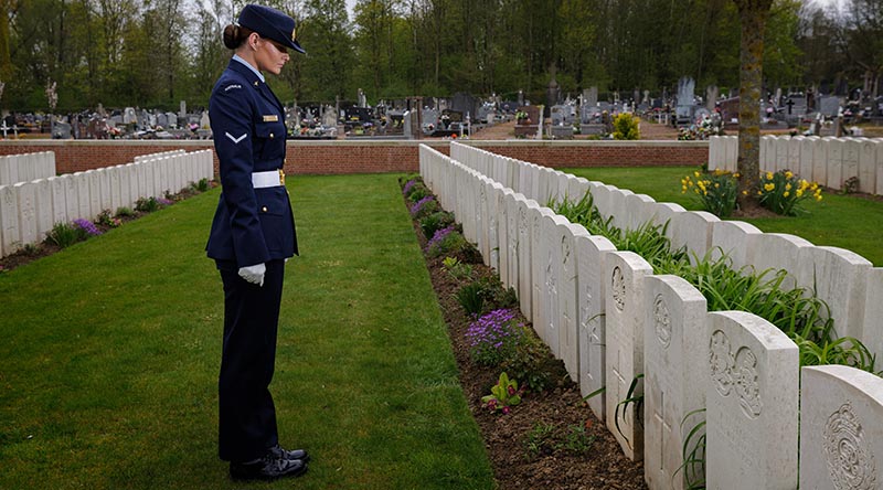 Leading Aircraftwoman Hunter Westbrook, from Australia’s Federation Guard, visits the resting place of her distant cousin, Private Victor Westbrook, in the Bailleul Communal Cemetery, Northern France. Photo by Sergeant Oliver Carter.