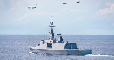 Royal Australian Air Force aircraft conduct a flypast of the French Marine Nationale Frigate La Fayette. The flypast consisted of a No. 11 Squadron P-8A Poseidon and two No. 75 Squadron F-35A Lightnings during a maritime strike and anti-submarine warfare training mission. French navy photo by Vincent Idrac-Virebent from the amphibious helicopter dock Dixmude.