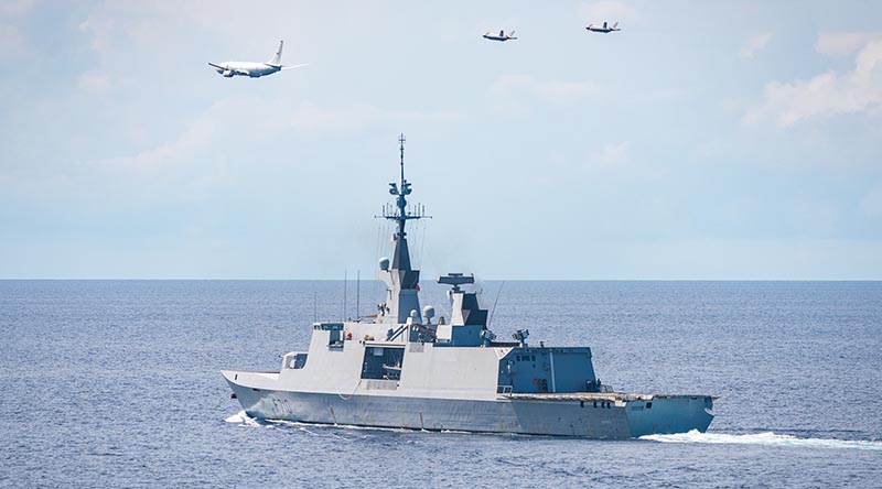Royal Australian Air Force aircraft conduct a flypast of the French Marine Nationale Frigate La Fayette. The flypast consisted of a No. 11 Squadron P-8A Poseidon and two No. 75 Squadron F-35A Lightnings during a maritime strike and anti-submarine warfare training mission. French navy photo by Vincent Idrac-Virebent from the amphibious helicopter dock Dixmude.