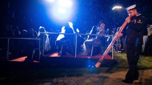 Leading Seaman Joseph Canning plays didgeridoo during the Dawn Service at ANZAC Cove.