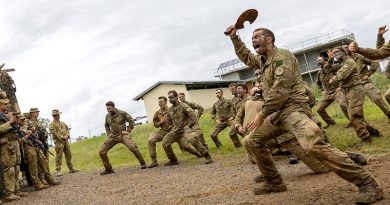 New Zealand Army soldiers from 2nd/4th Battalion, Royal New Zealand Infantry Regiment, led by Platoon Commander Lieutenant Peter Havell, perform a haka to Australian soldiers from 5th Brigade during Exercise Waratah Run in Singleton, NSW. Photo by Corporal Jacob Joseph.