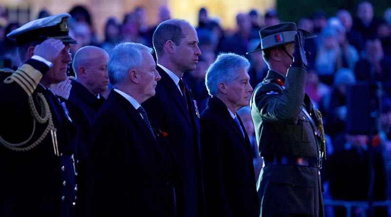The 2023 Anzac Day Dawn Service at Wellington Arch, London – from left, Admiral Sir Ben Key, First Sea Lord; Phil Goff, New Zealand High Commissioner; The Prince of Wales; Stephen Smith, Australian High Commissioner; Brigadier Grant Mason, Head of Australian Defence Staff London. Peter Livingstone Photography, Peter Livingstone.