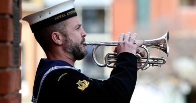 Then Leading Seaman Marcus Salone plays the Last Post during a memorial service at the Bathurst War Memorial in 2016. Photo by Able Seaman Nicolas Gonzalez.