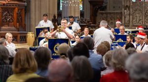 Royal Australian Navy Band Sydney Wind Orchestra member Petty Officer Marcus Salone performs a Richard Rodney Bennett Trumpet Concerto during the Christmas Band Call at St. Andrews Cathedral, Sydney, 2019. Photo by Able Seaman Jarrod Mulvihill.