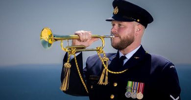Royal Australian Air Force musician Leading Aircraftman Michael Fraser plays the Last Post at the Helles Memorial on the Gallipoli Peninsula in Türkiye. Photo by Corporal Madhur Chitnis.